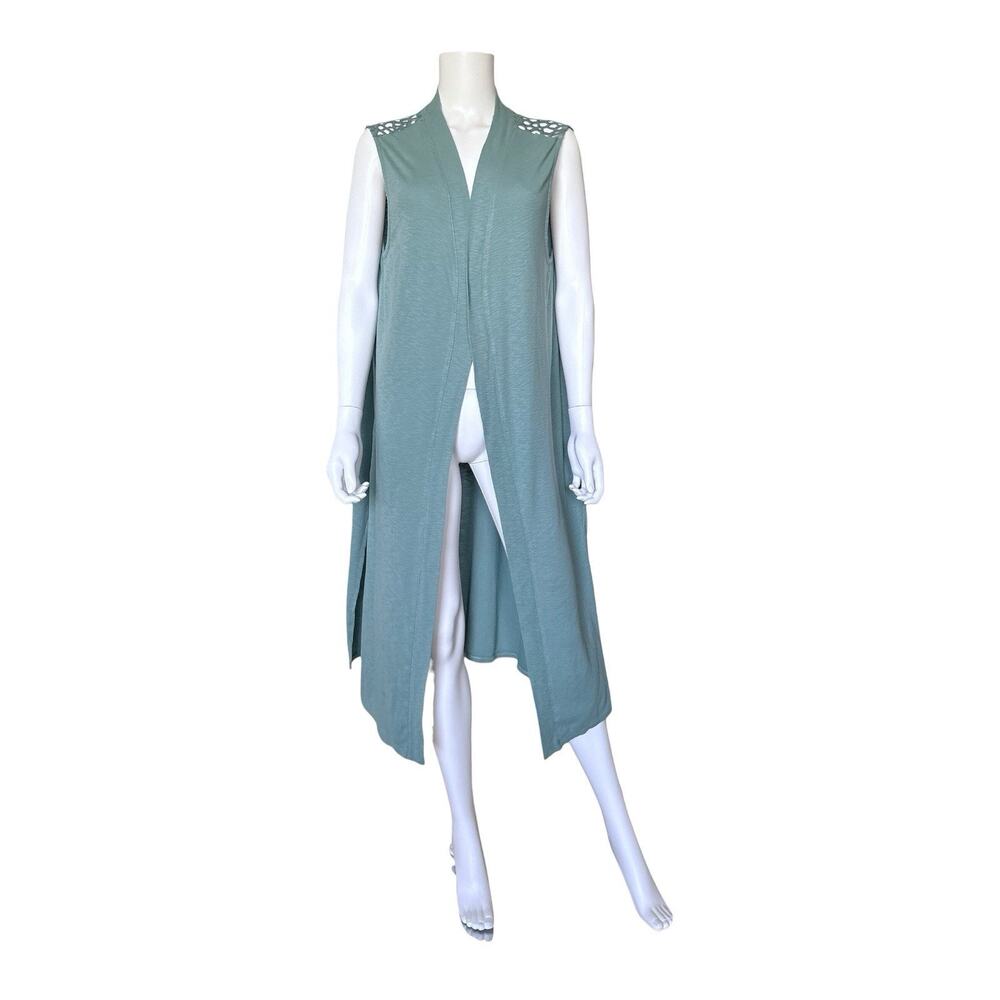 Kate & Mallory Vest Womens L Teal Longline Duster Crochet Lace Open Front Top